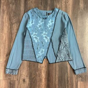 Vtg 90's Blue Patchwork Blouse Attached Necklace Long Sleeve Shirt Petite Medium